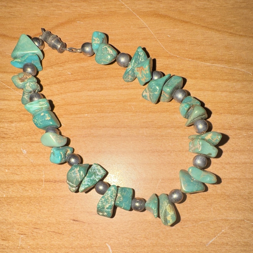 Turquoise Chip Stone Beaded Bracelet with Metal Accents and Barrel Clasp